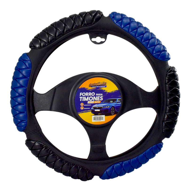 Cubre Volante Chinchon Auto Cuero Sintético Azul/Negro 38cm AUTOTINTIN