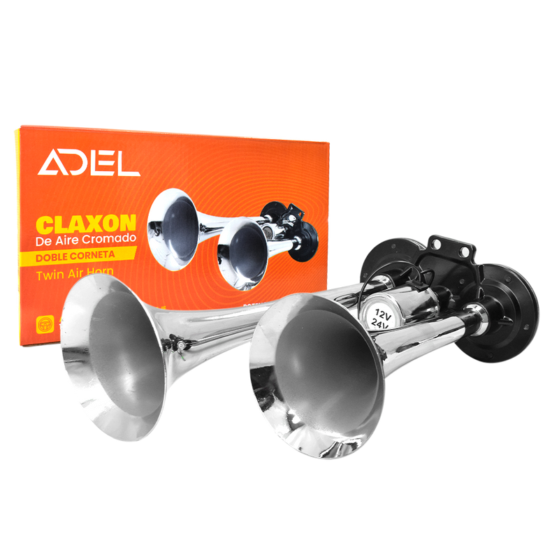 Claxon Doble Corneta Cromada 12-24V ADEL